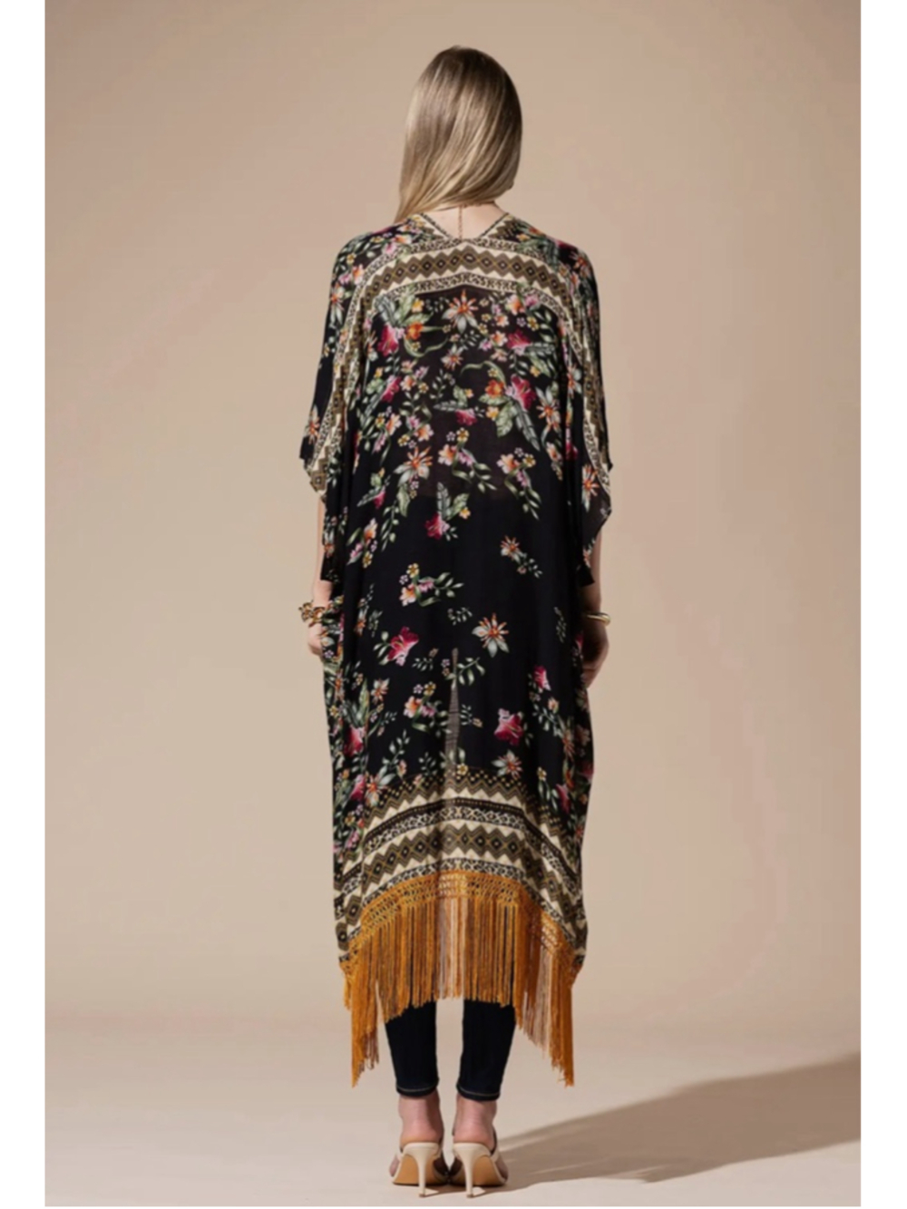 Women's Ruggine Black Floral Ethnic Tassel Kimono - Picture 7 of 8